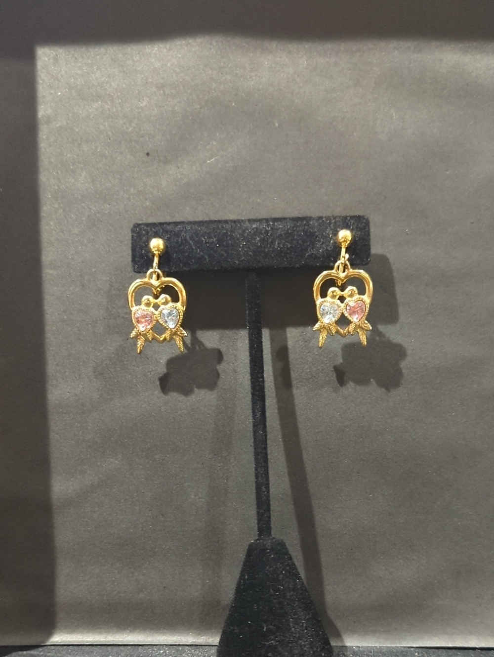 Gold Heart Drop Clip On Earrings with Pink and Clear Stones